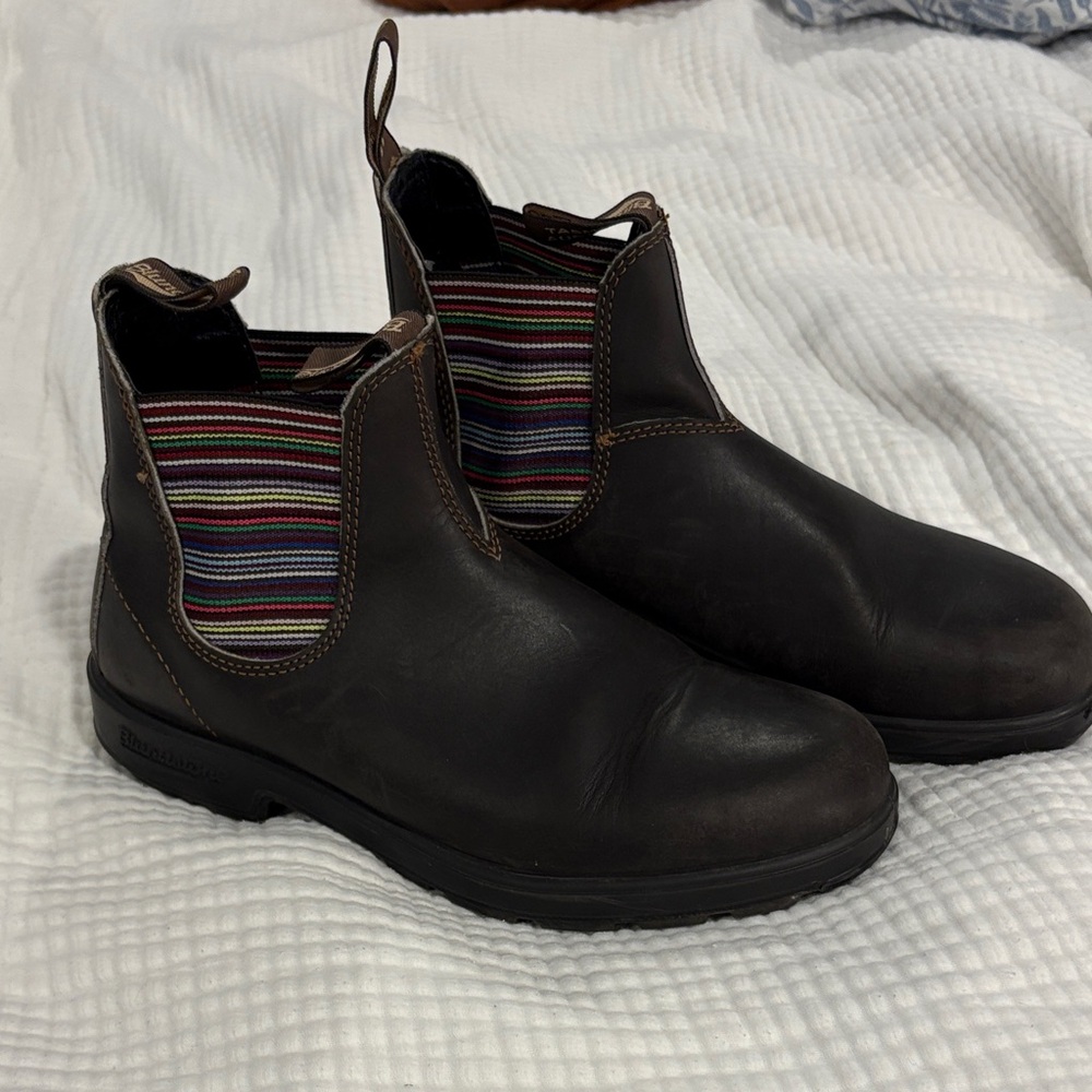 Blundstone Stout Brown Striped Leather Chelsea Boots- US Mens 9 Womens 11, AUS 8